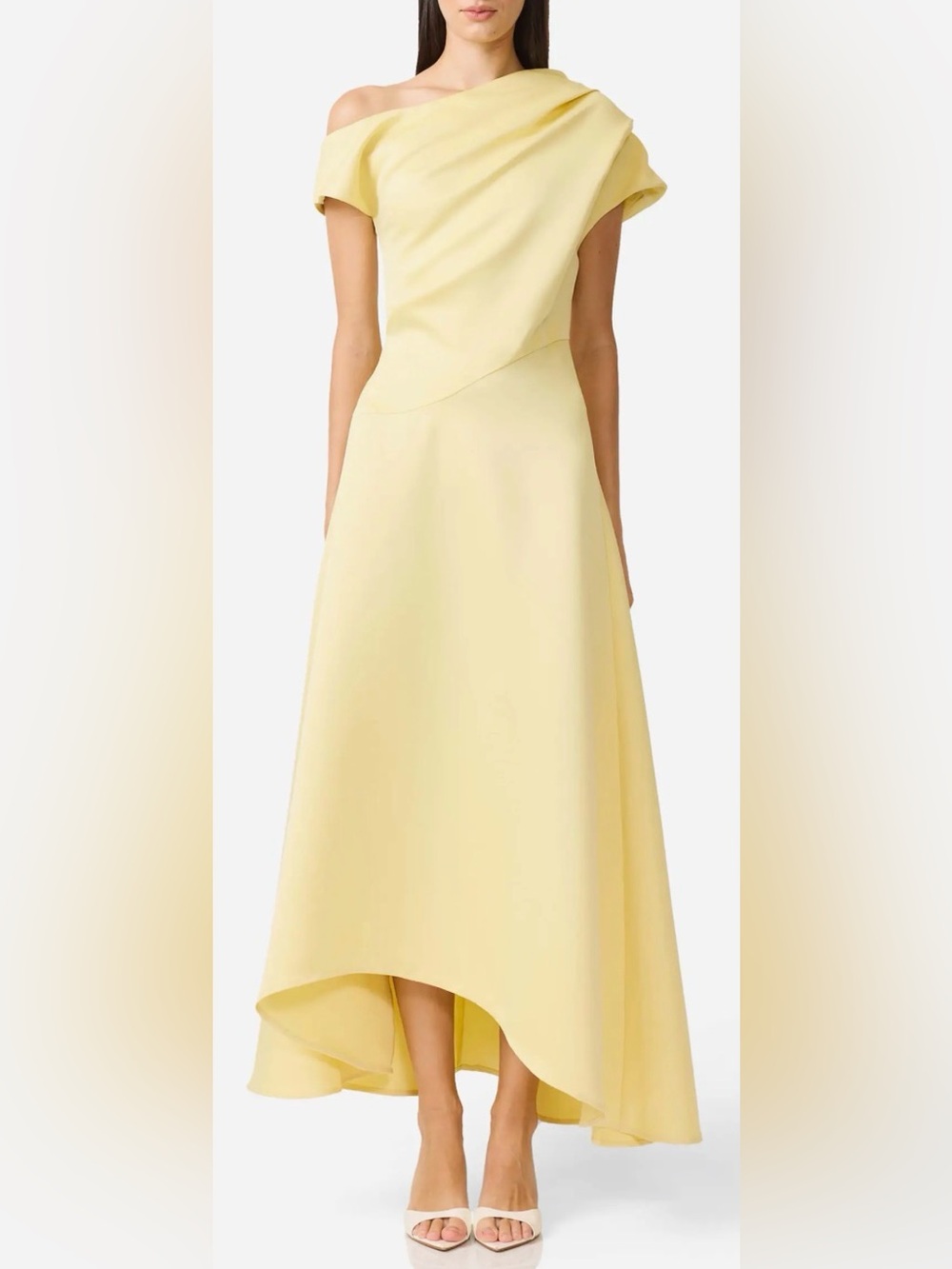 NEW Elliatt Marissa One-Shoulder Asymmetric Hem Duchess Satin Yellow Gown Sz L
